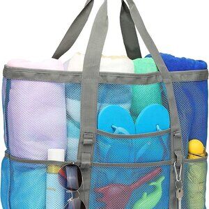 9 Pockets Oversized Mesh Beach, Picnic, Baby Toy Gym  Tote Bag- White, Grey